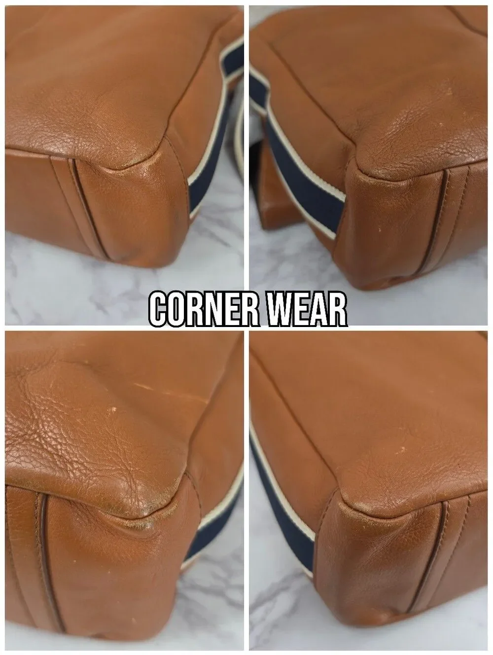Coach Tan Leather Messenger Bag with Navy Web Strap